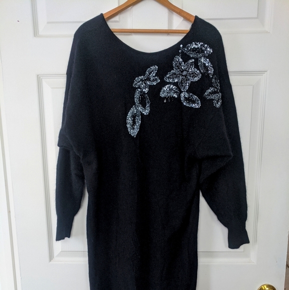 Black Sweater Dress Soft Sequins M 80s - Picture 3 of 8